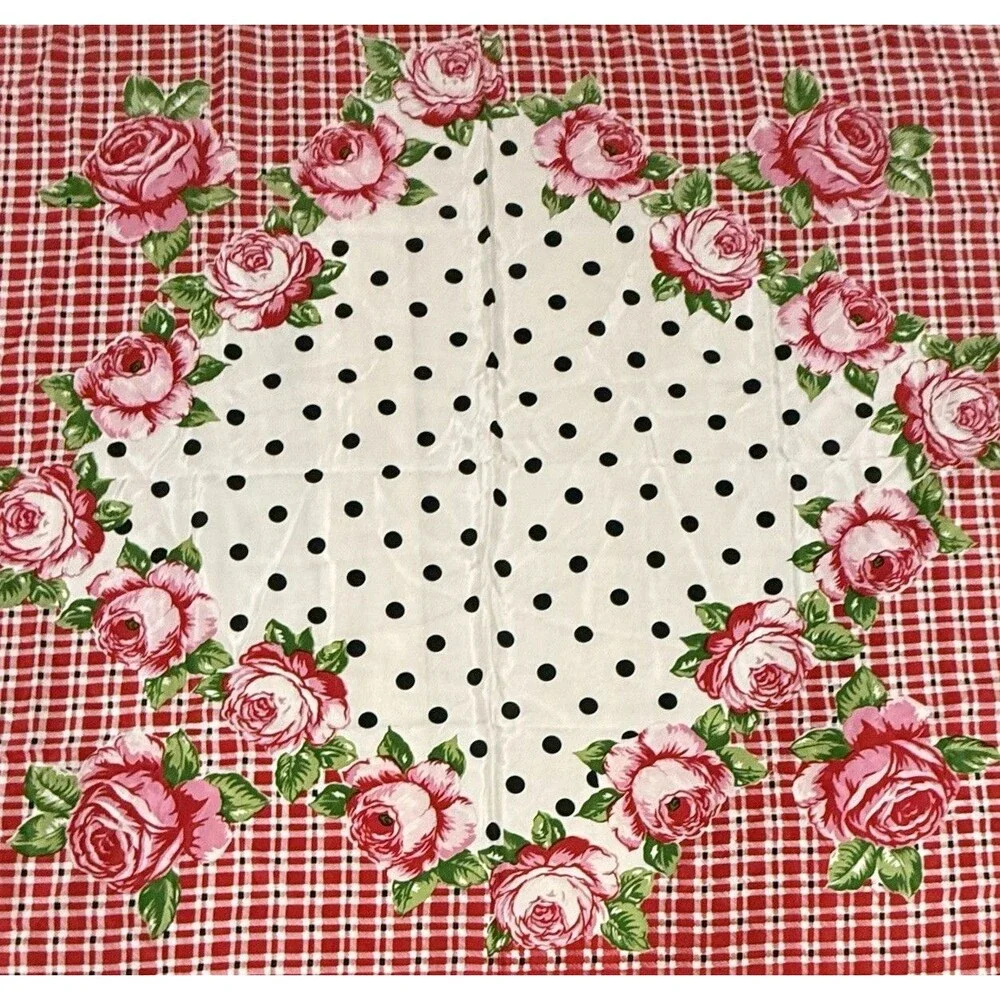 VTG 100% Silk Scarf Red Black White Polka Dot Floral Square 30” Hand Rolled